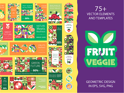 Bauhaus Fruit and Veggie Designs abstract bauhaus branding design flat fruits geometric graphic design illustration logo mosaic patterns templates vector vegetable