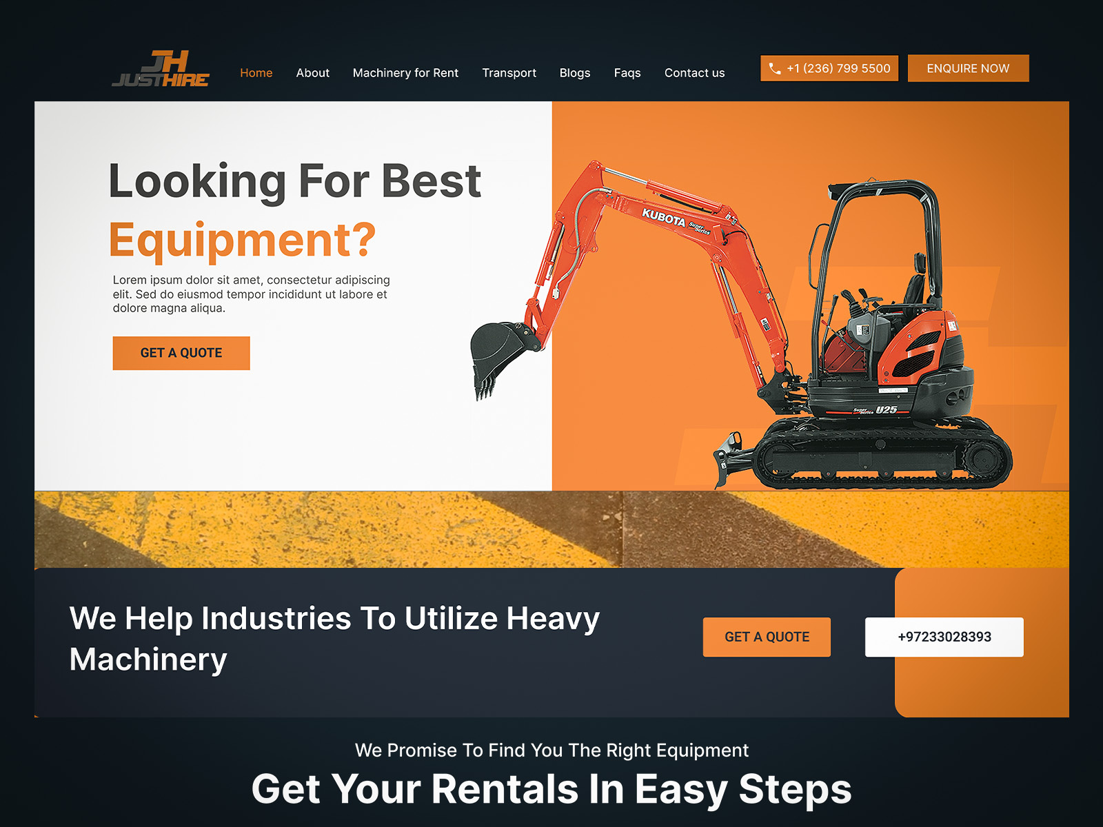 Justhire Modern Industrial Website Design business website clean ui construction company construction website corporate website equipment rental heavy equipment industrial design industrial ui landing page design machinery rental machinery website modern website product website responsive website service website ui design ux design web design website design