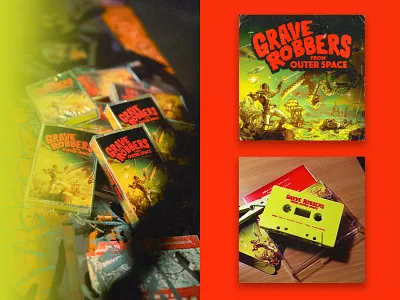 GRAVE ROBBERS cassette album casette cover groovy media oldschool physical red retro scifi toxic typography vinyl yellow