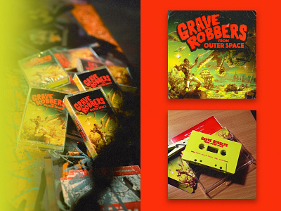 GRAVE ROBBERS cassette album casette cover groovy media oldschool physical red retro scifi toxic typography vinyl yellow