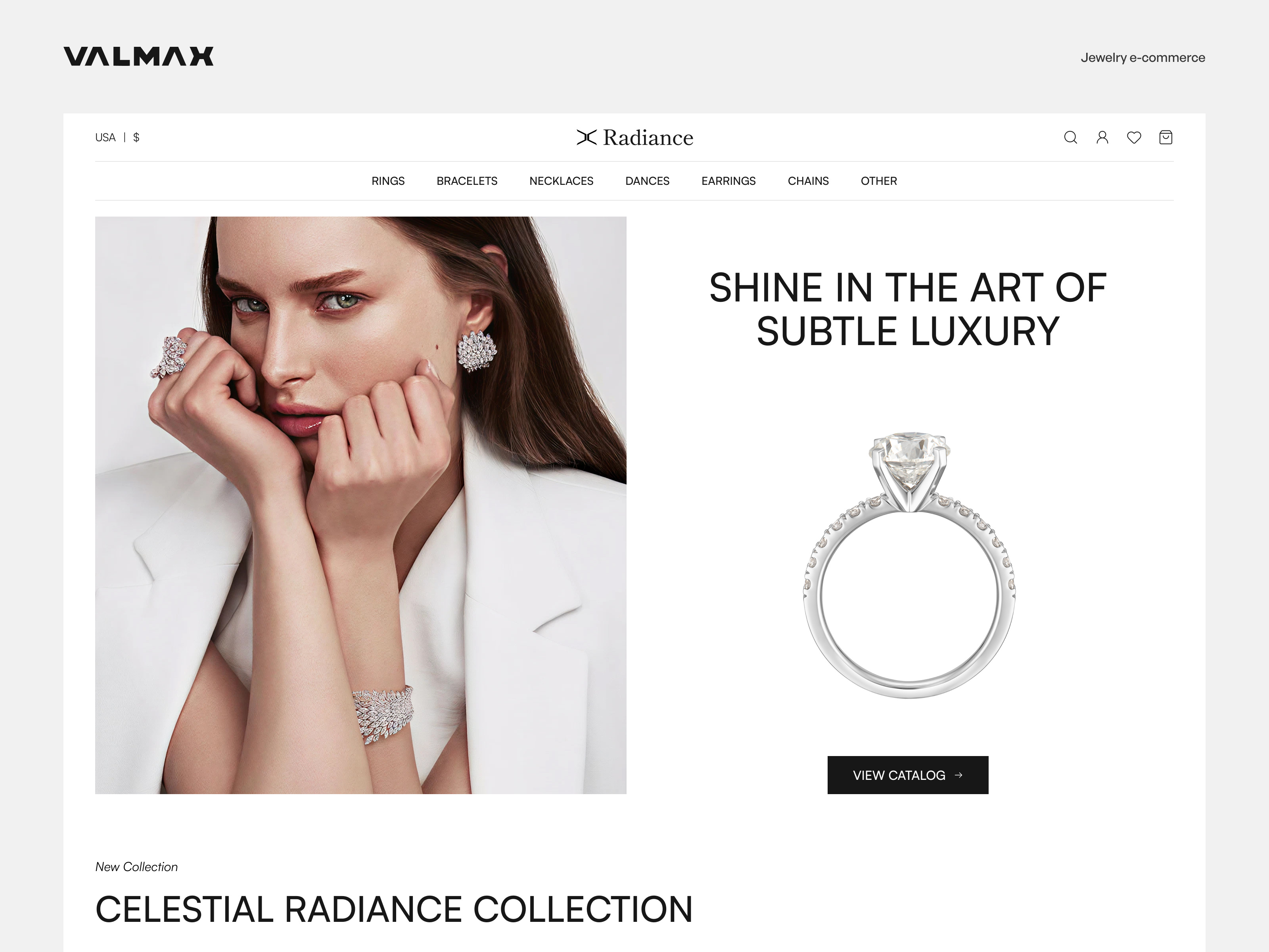Radiance - Jewelry E-commerce Design branding cleanui design designinspiration ecommerce ecommercedesign illustration jewelry logo luxury minimalism modernui onlinestore productdesign ui uxui visualdesign webdesign website