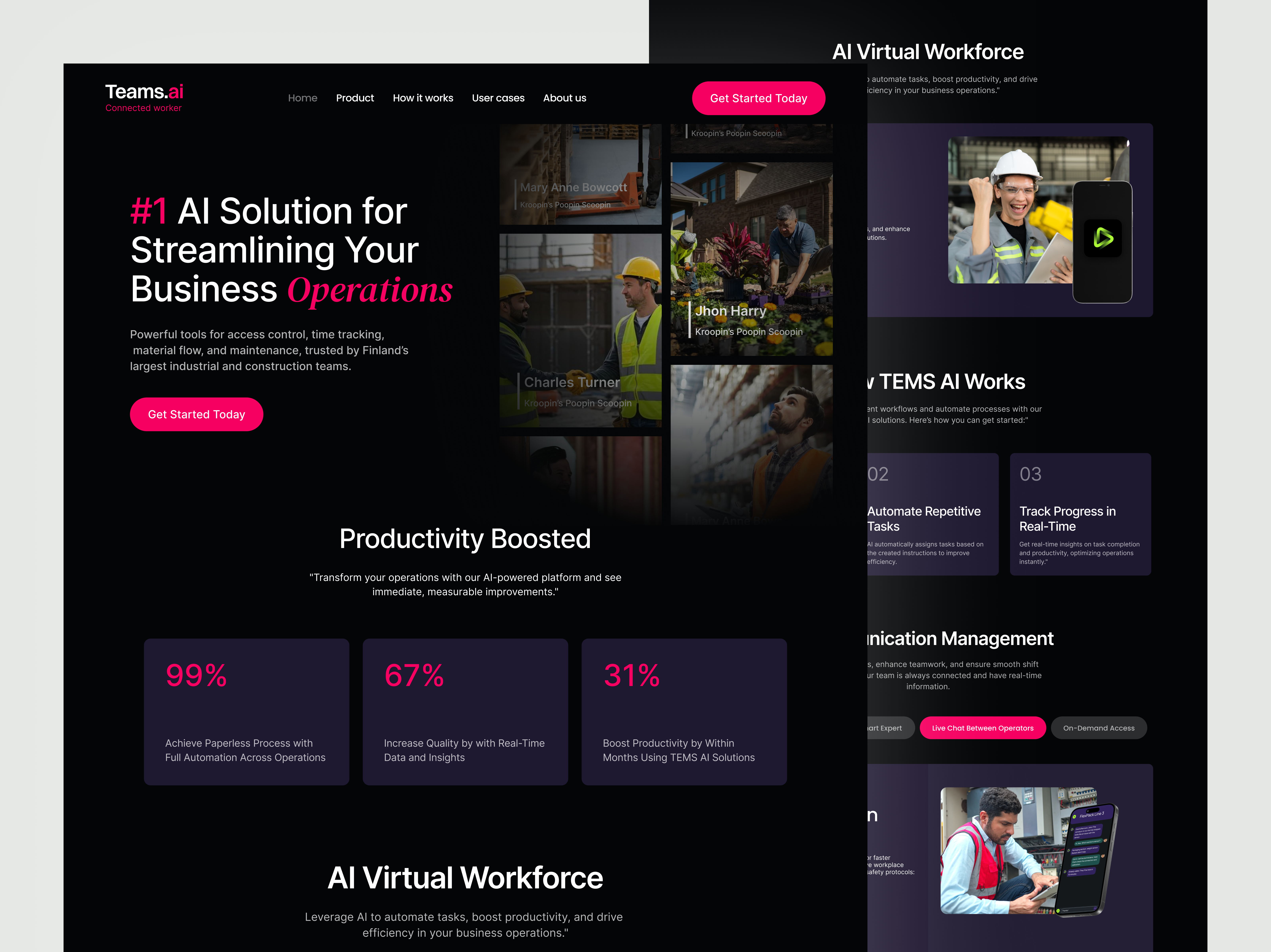 Website for AI solutions for industrial businesses. ai automation ai driven website ai powered website ai solution automating business operations automation website business operations a construction dark dark website factory industrial solution landing page mes saas ui ui design uiux web design worker platform