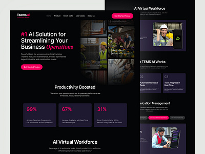 Website for AI solutions for industrial businesses. ai automation ai driven website ai powered website ai solution automating business operations automation website business operations a construction dark dark website factory industrial solution landing page mes saas ui ui design uiux web design worker platform