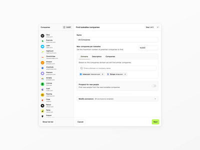 Audience builder animated ui audience builder build an audience complex filters conditional filters conditional logic dynamic modal dynamic search filter logic filters lookalike audiences modal design product design prospecting saas saas filters saas interface sales saas search companies