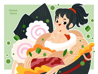 Cute Cartoon Girl in a Bowl of Ramen adobe illustrator asian bowl cartoon character character design children cute design food for kids girl illustration japan kawaii mascot noodle ramen vector