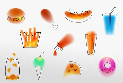 Fast food blur burger chicken donut fast food gradint ice cream icon illustration ketchup minimal pizza potato vector