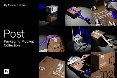 Post Packaging Mockups Kit box mockup branding cardboard box mockup duct tape identity mockup bundle mockupcloud packaging mockup paper post packaging mockups kit postage tape shadows tote bag mockup