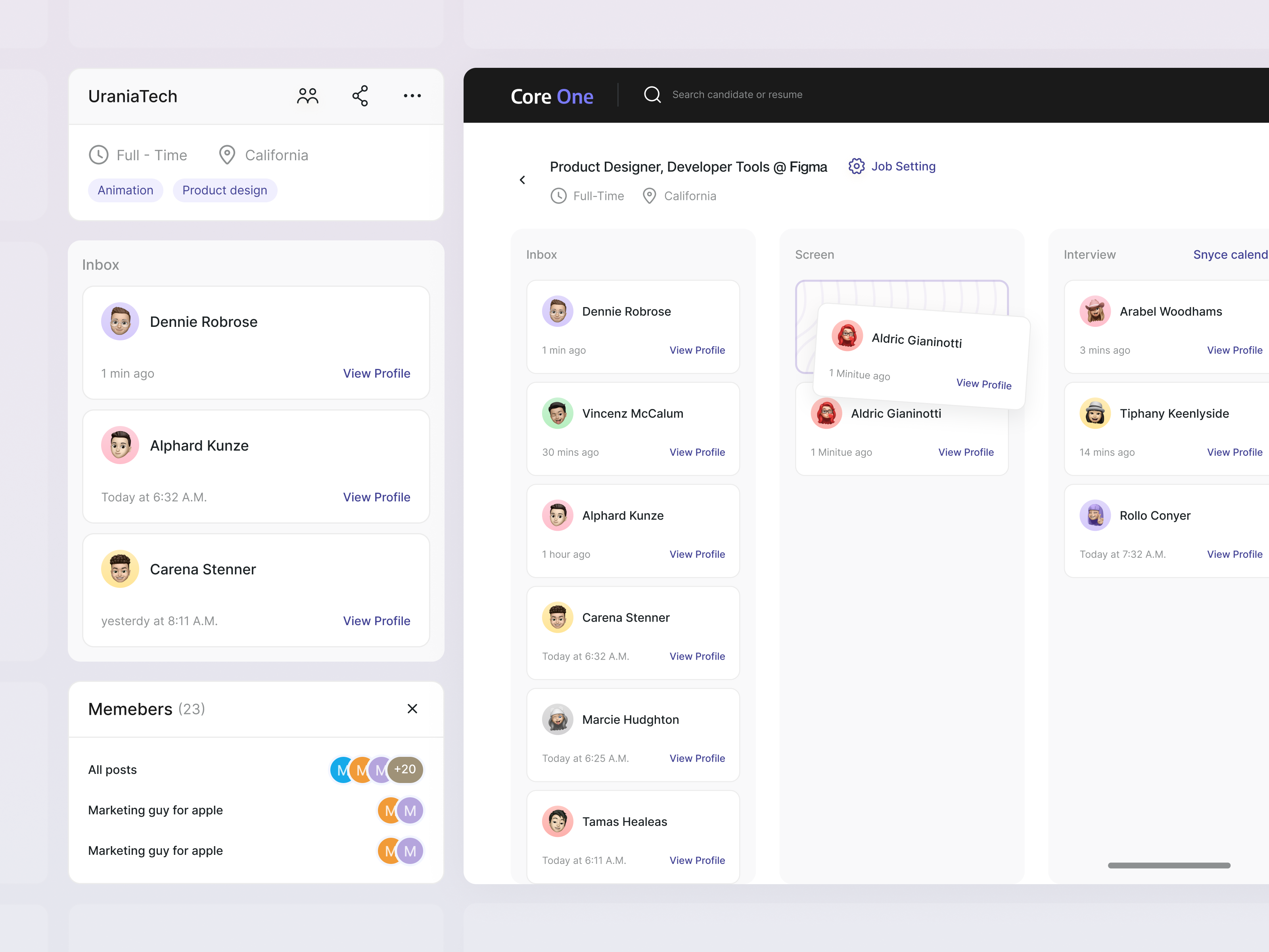 Core One Platform Kanban dashboard echo design job site kanban landing list ui
