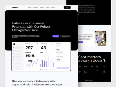 Homey Landing page design admin analytics company control dashboard finance graph landing page management minimal product system tool ui user interface ux web design website website design