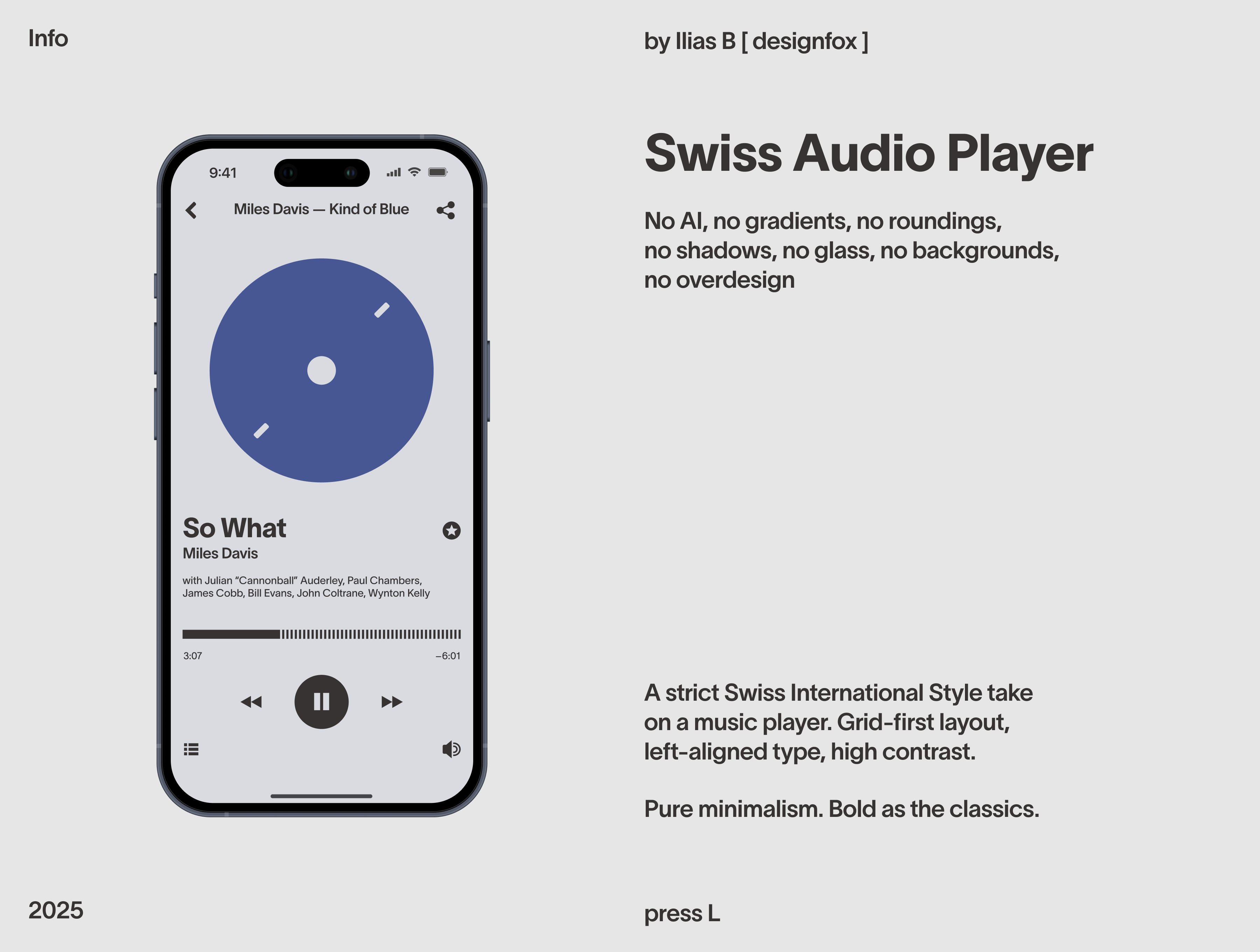 Swiss Style Audio Player audio daily ui dailyui figma flat grid international style ios layout minimalism mobile music app musicapp phone player swiss swiss design swiss style typography