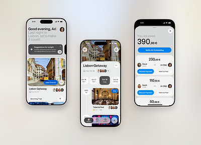 Group trips App app design expense tracking glassmorphism ios ios 26 liquid glass mobile design polls settle up travel trip app trip itinerary ui ux