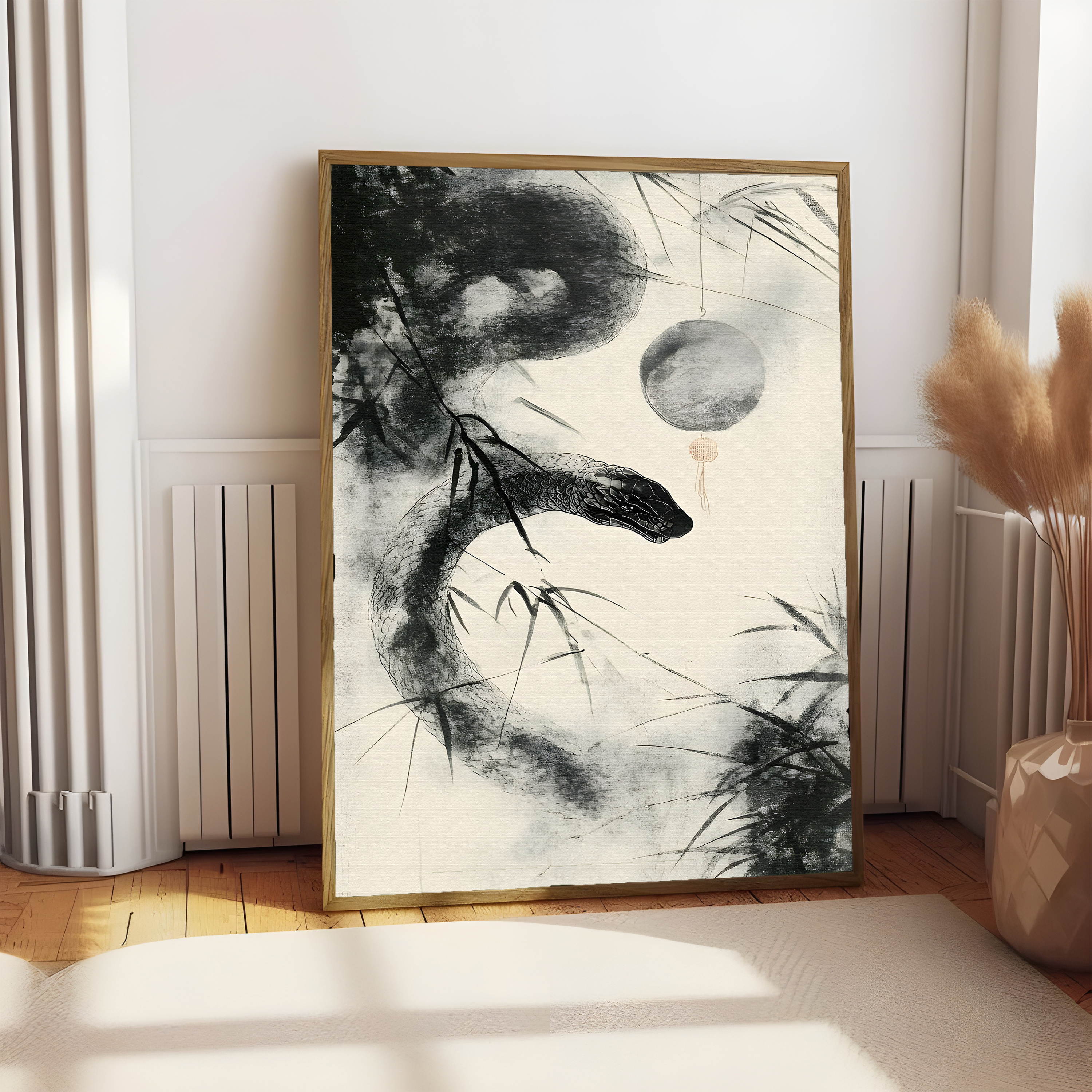 "Serpent & Moon Lamp – Mystical Fantasy Digital Art Print | Dark 3d art asian art design digital art digital download digital print graphic design graphic design poster japanese art photoshop poster wall art