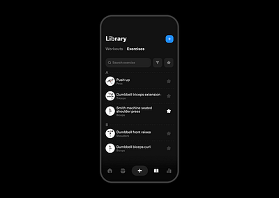 Workout exercises library app dark dark mode exercises fitness library list mobile sport tracker training ui ux workout