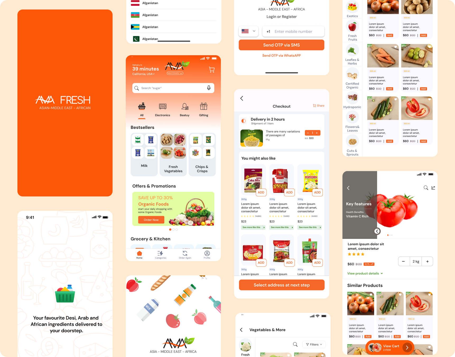 AMA FRESH - Grocery App UI Design checkout design ecommerce app food delivery grocery app grocery delivery mobile app design mobile ui online shopping uiux design