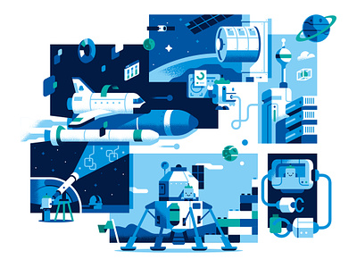 Awetomaton illustrations for website and office walls character city cloud computing company data science design future geometric illustration planet robot sail ho studio shuttle space tech