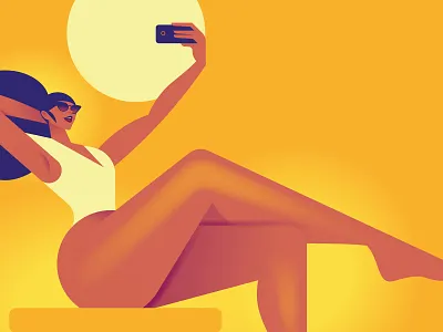 Selfie Stretch character colors flat illustration light minimal phone selfie summer sun sunbath swimsuit tanning woman