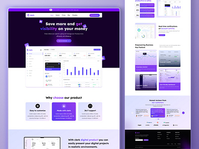 Money Management Web page - Clerk b2b banking platform dashboard ebanking expenses management finance dashboard finances fintech graph income invest investment management money money management landing page online banking saas saving ui ux