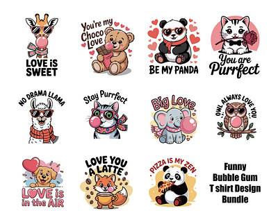 Funny Cute Animal Bubble Gum T-Shirt Design Bundle | Valentine & cute cat design