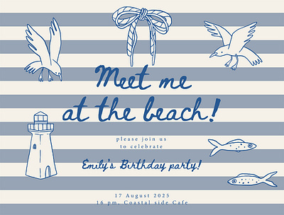 Coastal aesthetic invitation coastal creative market design elements hand drawn illustration invitation sea seagulls summer vector