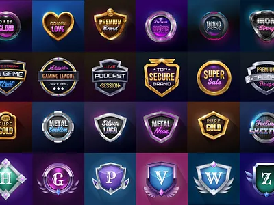 Realistic Badges Bundle Collection 3d badges branding chrome collection emblem frame golden illustration label logo metallic shape shield shiny sphere tech template vector