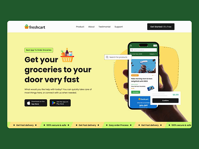 Freshcart - Grocery App Landing Page 🍏 🛒 app app design app landing design app landing page branding clean design design agency freshcart grocery app minimal mobile app ui ui ux designer ux ux design web design agency