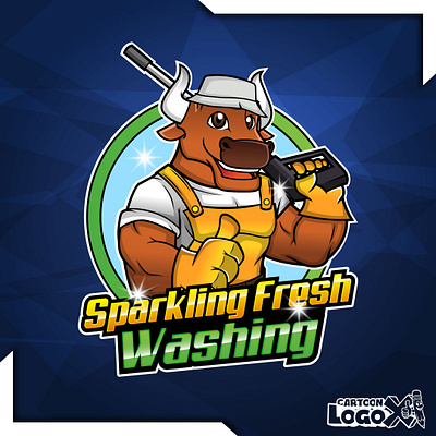 Strong Bull Pressure Washing Cartoon Logo Design creative business branding
