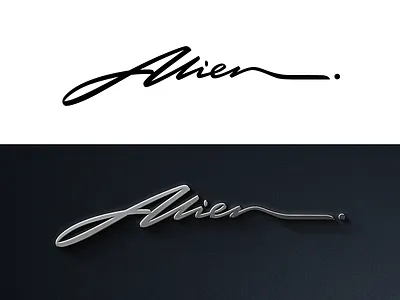 Alien: signature logo 3d authentic branding calligraphy custom flow graphic design handwritten identity lettering logo metal motorcycle script sign signature type unique wordmark