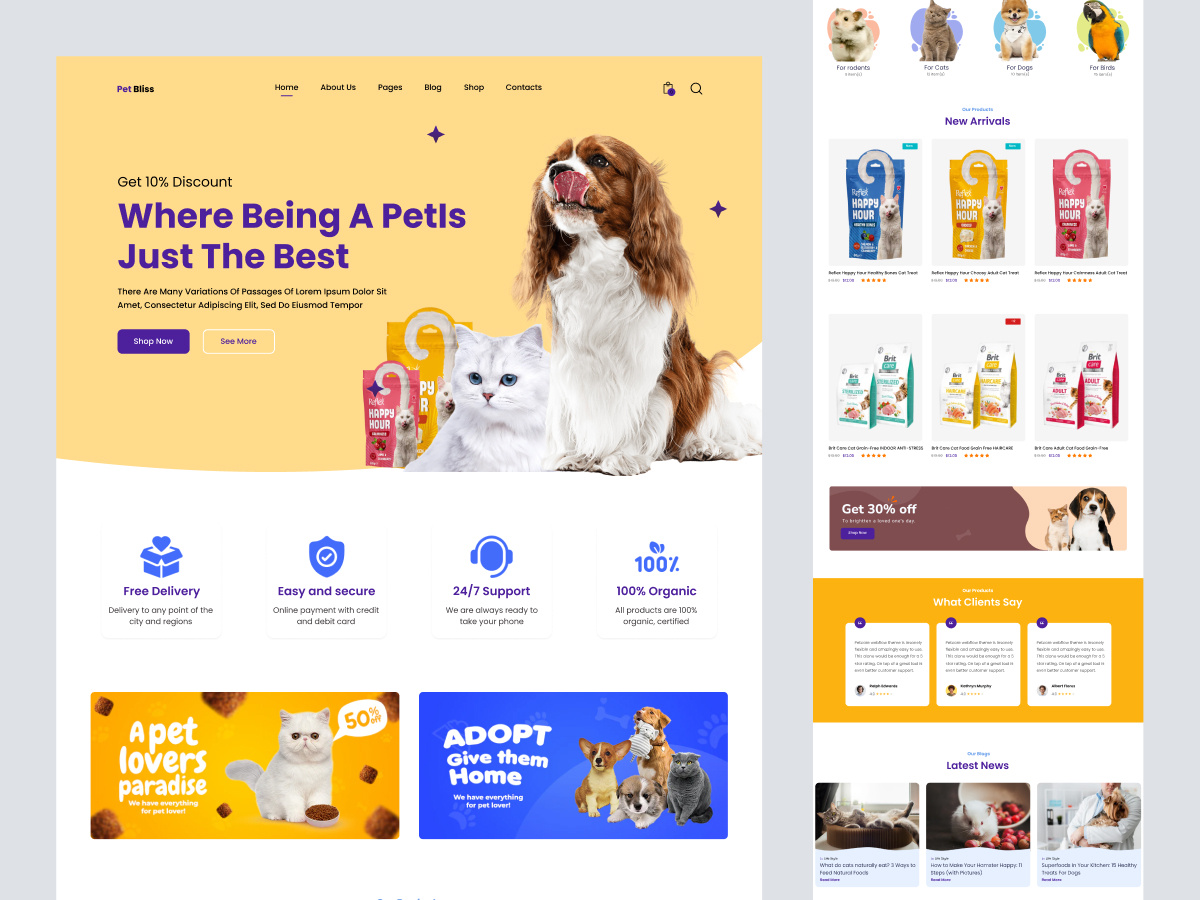 Pet Bliss - Pet Food Website Design pets landing page design pets website design shopify store design top ui design