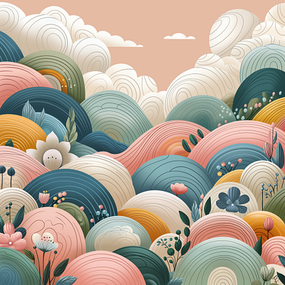 Whimsical Hills and Blossoms graphic design illustration