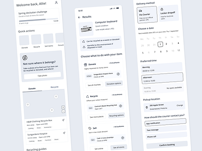 Sustainability app wireframes booking calendar card design delivery donation eco friendly figma home screen map mobile ui rewards scheduling sketch sustainability ui ui ux wireframe