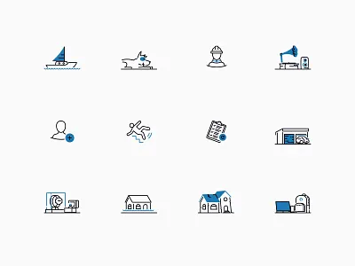 Insurance Icons Part 3 account backpack boat coverage dog earthquake flood garage illustration illustrator injury jewellery music simple ui ui illustration vector worker