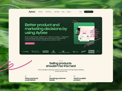 Aybee - E-commerce Research Landing page | Minimum Code ai platform animated shot anumated landing page b2c bold design creative hero section e commerce e commerce landing page green color green design handwritted elements hero section landing page marketing landing page