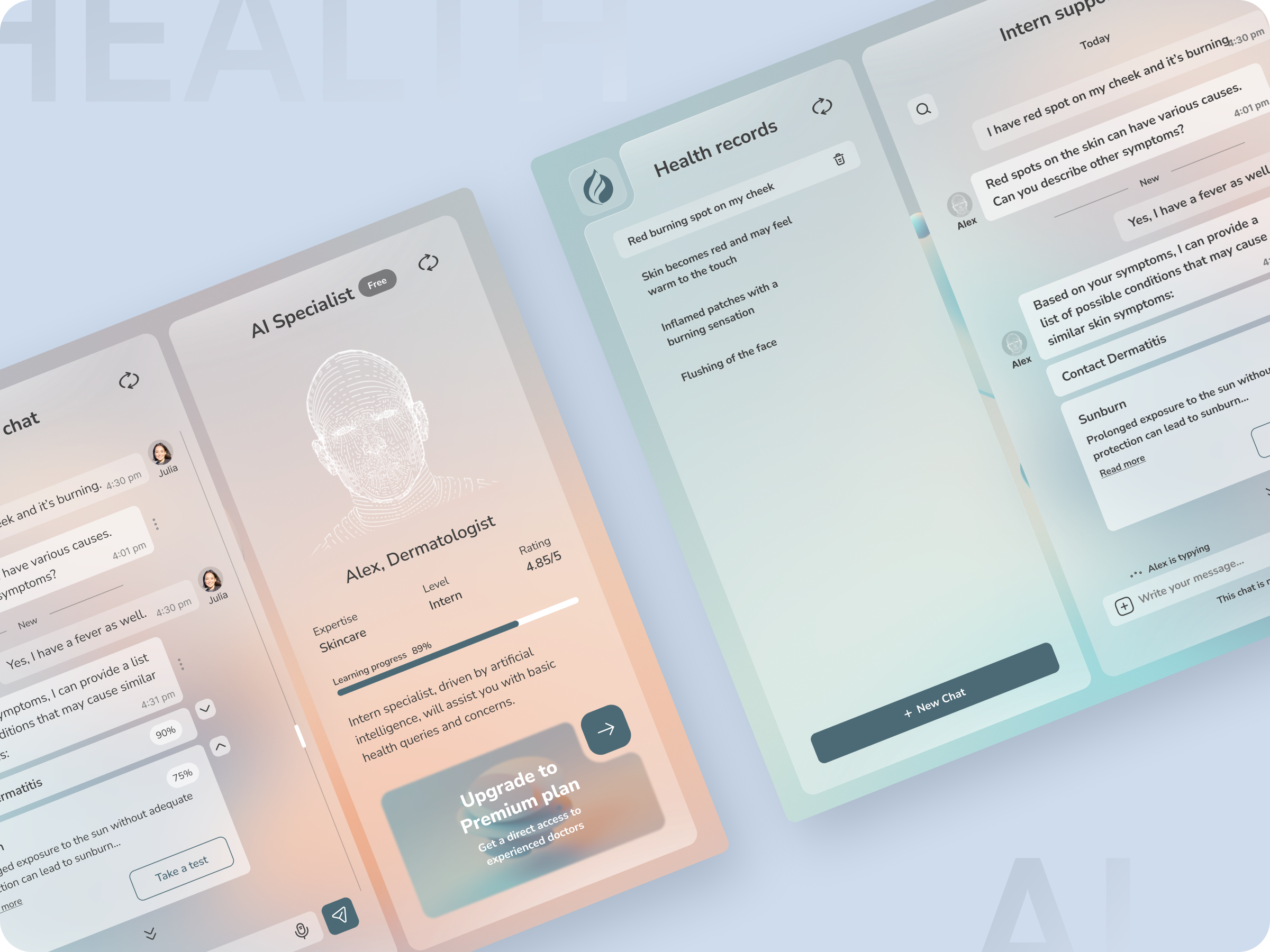 AI Dermatology Assistant ai aihealthcareui aiuxdesign aiwellnessassistant chatbasedux dermatologyappdesign design futureofhealthcare gradientglassdesign healthrecordsui minimalgradientui smarthealthchat ui user experience ux uxui