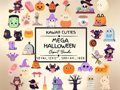Halloween Kawaii Cuties Mega Clipart Bundle cat clip art set clipart cute halloween icons kawaii mega clipart bundle png pumpkin skeleton spooky transparent background treats witch
