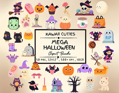 Halloween Kawaii Cuties Mega Clipart Bundle cat clip art set clipart cute halloween icons kawaii mega clipart bundle png pumpkin skeleton spooky transparent background treats witch