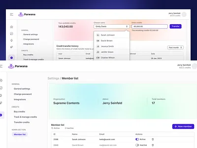 Parwana - Members & Credits Sections designsystem product design query side menu table two level menu user experience user interface