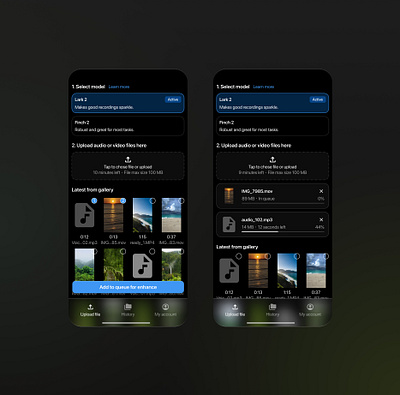 Clary - AI Voice Enhance App Main Screen ai vocie app download enhance in queue iphone mobile ui upload uploadet files