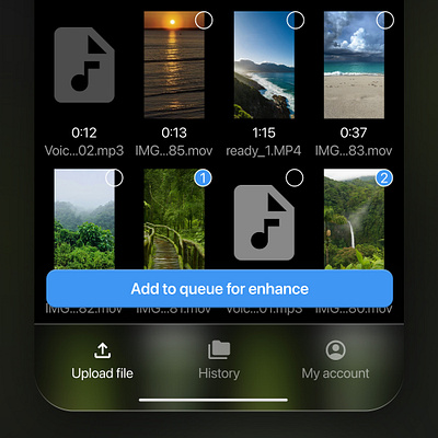Add to queue latest from gallery. Ai Enhance Mobile App. app bottom menu button gallery graphic design iphone menu mobile mobile menu select ui