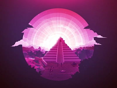 Maya Pyramid in the Yucatan circle art codices frame illustration landscape maya nature negative pink proart prok art prokopenko pyramid scene trend yucatan