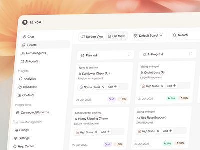 TalkoAI · Ticket Management Dashboard ai agent artificial intelligence clean cs ai customer service customer service ai dashboard dashboard ai dashboard ui design interface marketing