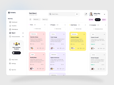 Scholarly – Task Report Dashboard class attendance dashboard design edtech minimal design onlineschool student report studentmanagement ui user experience design ux website