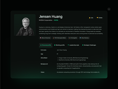 Pop-up view details - CEO details clean dark design glassmorphism glow modern tech ui website