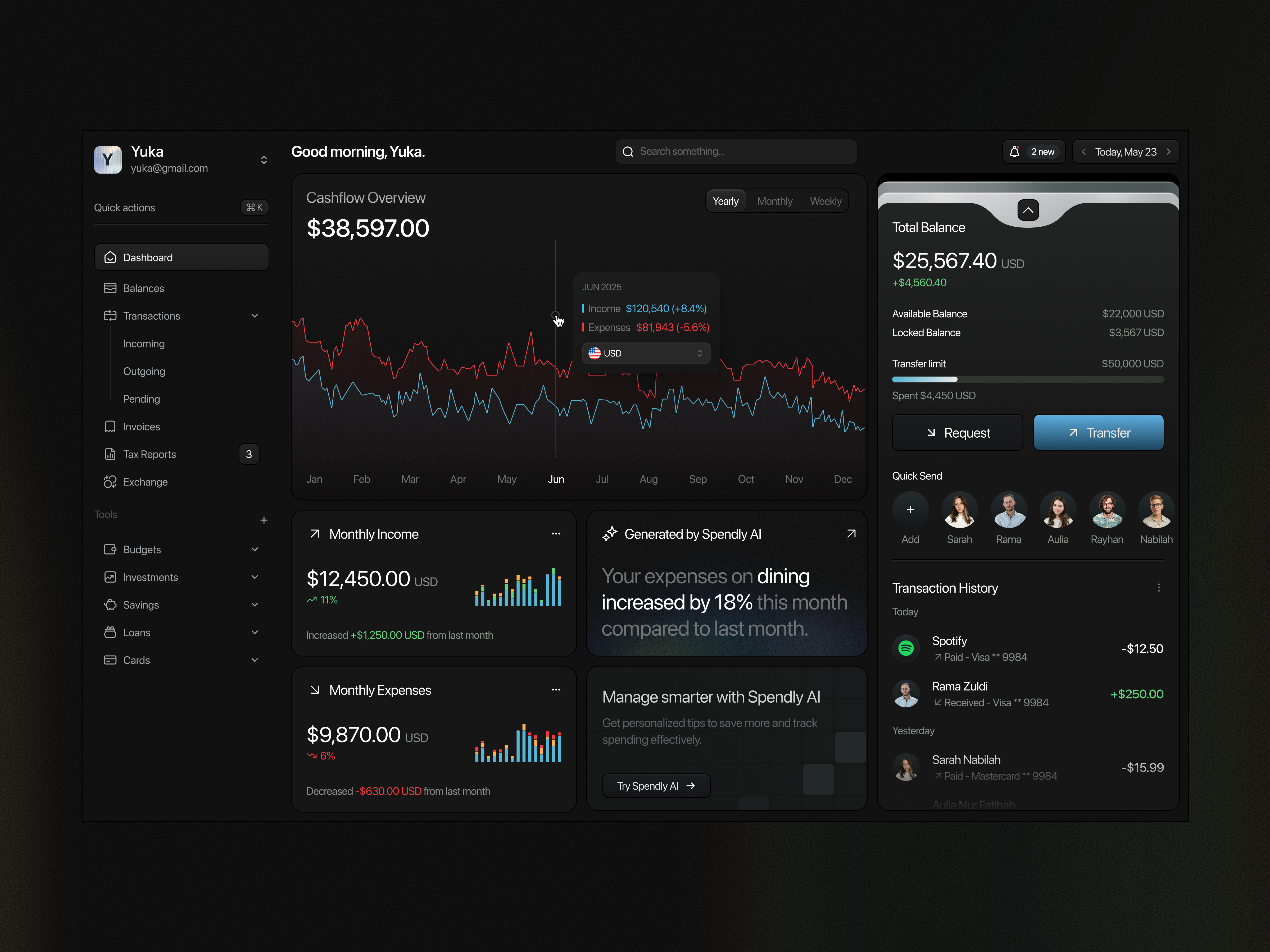 Finance SaaS Dashboard cansaas cashflow dark dark mode dashboard design finance finance dashboard financial fintech interface modern product design saas tracking transaction ui ux
