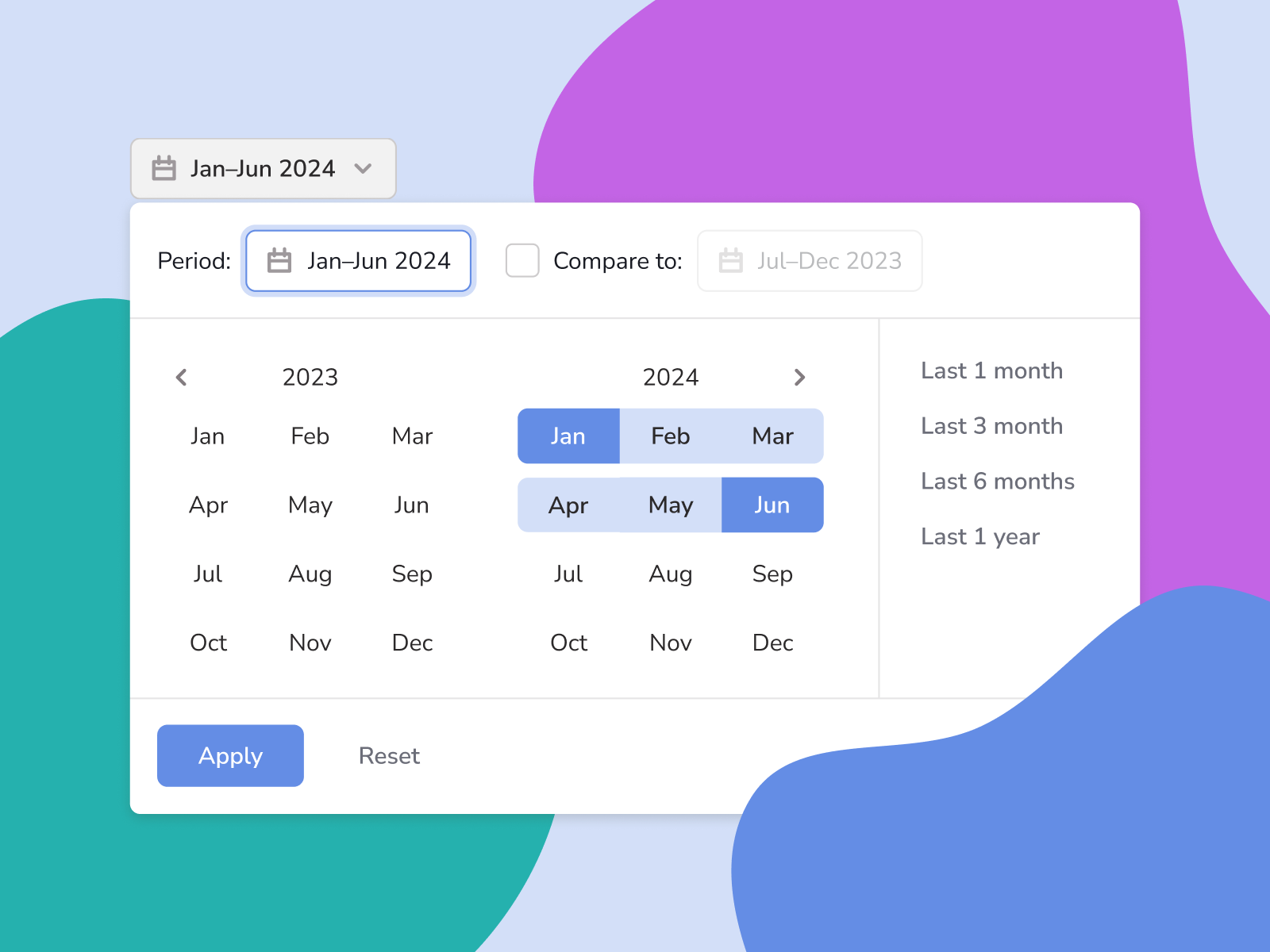 Date Picker animation compare dates dashboard date picker month range