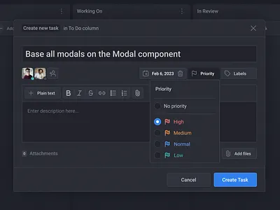 Remote Team Management | Create task modal agile app assign dark theme dashboard details management minimal modal priority productivity redesign simple task trello ui ux