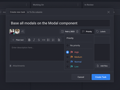 Remote Team Management | Create task modal agile app assign dark theme dashboard details management minimal modal priority productivity redesign simple task trello ui ux