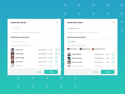 Roster Creation Process adding people components creating list design system microinteraction modal window new roster on demand jobs popup roster ui workers workforce