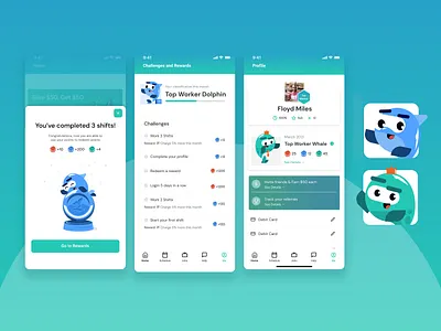 Challenges and Rewards for Workforce App bonus coins coins and points dolphin gamification illustration incentive jobs mascot on demand jobs rewards see whale workforce