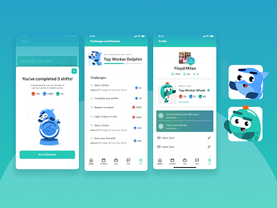 Challenges and Rewards for Workforce App bonus coins coins and points dolphin gamification illustration incentive jobs mascot on demand jobs rewards see whale workforce