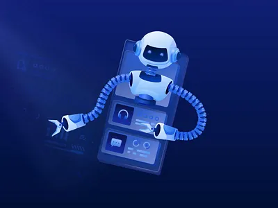 AI Agent - 2D Illustration 2d 2d illustration ai ai agent animate artificial intelligence b2b clean dark mode dipa inhouse futuristic graphic design illustration modern design robot robotic saas startup